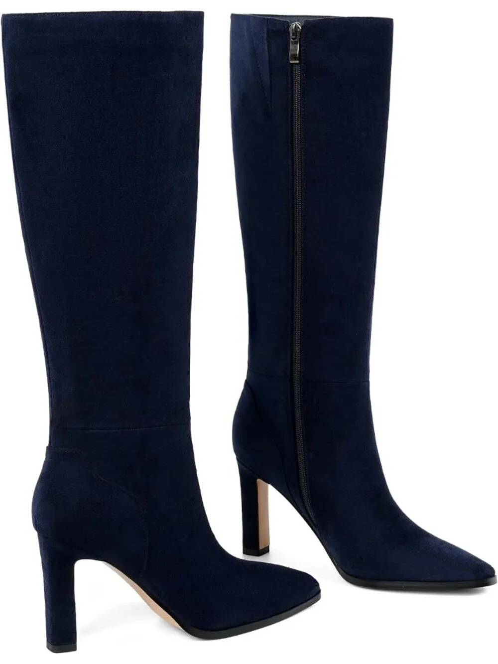 Women's Navy Faux Suede Pointed Square Toe Stiletto Chunky Heel Knee High Boots